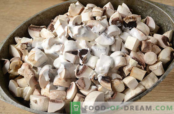 Aardappelen met champignons in de oven met zure room - een aromatische en voedzame schotel. Stapsgewijze fotorecept van de auteur van gebakken aardappelen met champignons