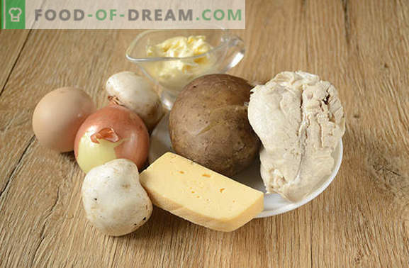 Salată cu ciuperci și pui: aperitiv și o farfurie principală completă. Rețetă fotografică pas cu pas pentru o salată consistentă de file de pui, ciuperci și brânză