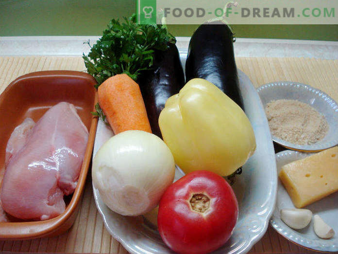 Auberginebåtar med kyckling och grönsaker, steg för steg med foton