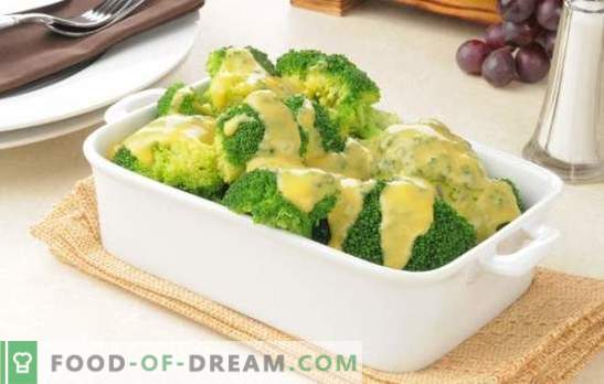 Broccoli i en krämig sås med muskot, ost, svamp. Recept kokt och bakat broccoli i gräddsås