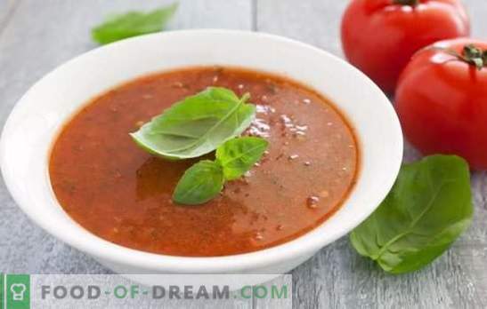 Tomatpurésoppa är en hälsosam maträtt för heta somrar och kalla vintrar. De bästa alternativen för varm och kall tomatpurésoppa