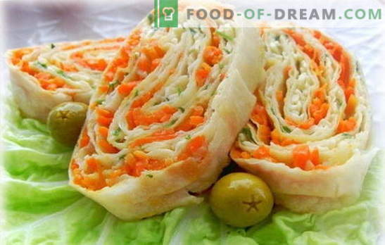 Лавра ролна со корејски моркови - едноставен, вкусен, здрав. Варијанти на пломби за пити леб се тркалаат со корејски моркови