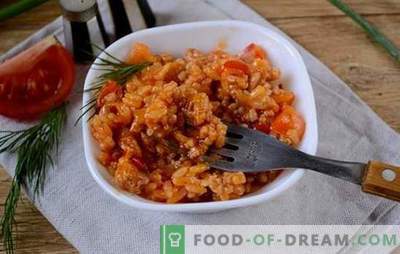 Riž z mletim mesom in zelenjavo v paradižniku: domišljija o rižoti razpoložljivih izdelkov. Foto-recept za kuhanje riža z mletim mesom in zelenjavo v paradižniku: korak za korakom