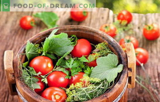 Grön och röd, smaken är underbar, salta tomater i en fat för vintern. Olika sätt att skörda tomater i en fat för vintern