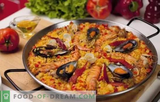 Paella med skaldjur - plov i spansk stil. Matlagning paella med skaldjur och bönor, majs, ärter, fisk