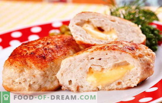 Två smaker i en maträtt - kycklinghalsband med ost. Restaurateurs varumärkeshemligheter: rosa kycklingbettbullar med ost