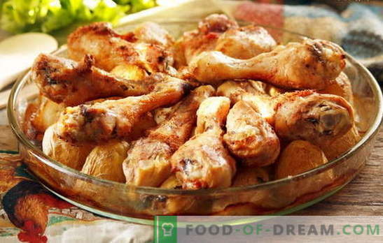Chicken drumsticks med potatis i ugnen - favorit recept. Matlagning av kycklingstrumpor med potatis i ugnen på olika sätt