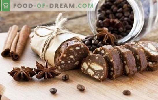 Chokladkorv - recept underbar efterrätt. Matlagning chokladkorv från kakor, med kakao, kondenserad mjölk, nötter