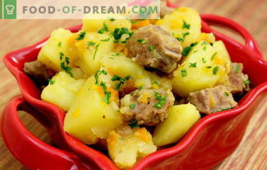 Stewed potatis med fläsk. Recept av fläsk med potatis för en romantisk middag och en god lunch
